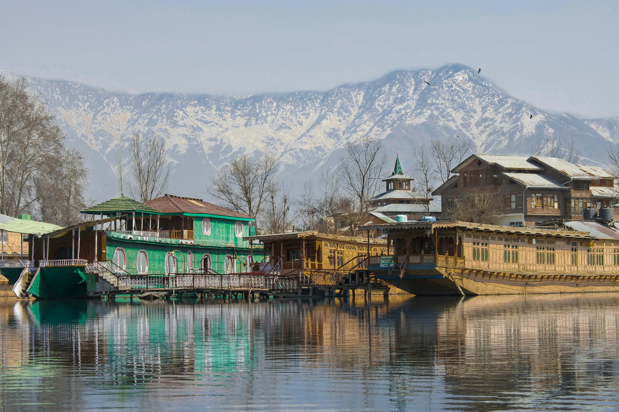 Traditional wooden houseboats on Dal Lake with the snow-capped Zabarwan range behind